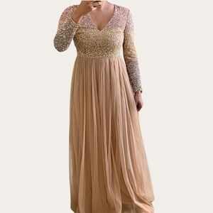 ASOS Maya Petite Long Sleeve V Neck Tulle Maxi Dress With Multi Color Sequin